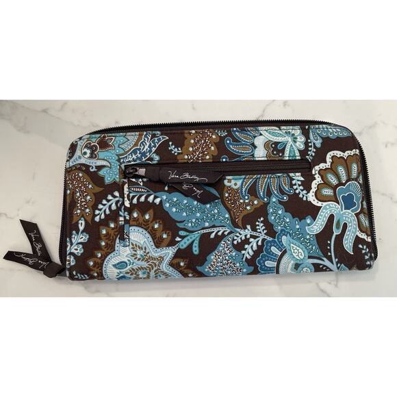 Vera Bradley Java Blue Travel Organizer Wallet Passport Brown Teal Zip Retired - Picture 1 of 5